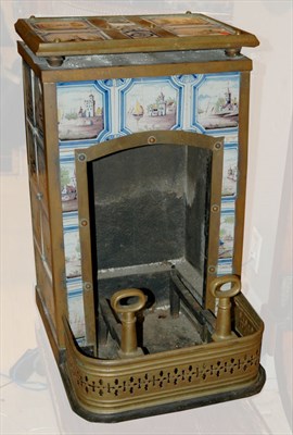 Lot 374 - Continental Brass and Painted Tile Stove...