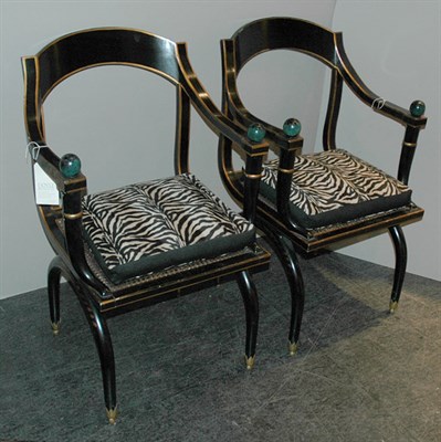 Lot 234 - Pair of Ebonized and Caned Armchairs with...
