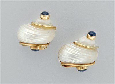 Lot 3004 - Pair Of Shell and Cabochon Sapphire Earclips