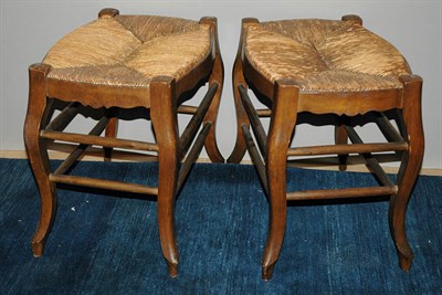 Lot 379 - Pair of Provincial Fruitwood Rush Seat Stools...