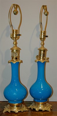 Lot 570 - Pair of Blue Opaline Glass Vases Each mounted...