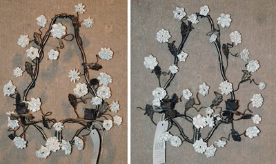 Lot 4372 - Pair of Patinated-Metal and Porcelain Floral...