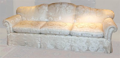 Lot 4455 - White Damask Upholstered Three-Seat Sofa...