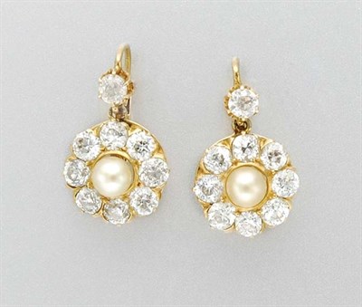 Lot 3117 - Pair of Antique Pearl and Diamond Pendant Earrings