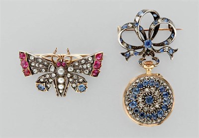 Lot 3002 - Antique Diamond and Gem-Set Butterfly Brooch and Lapel Watch