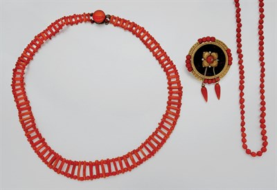 Lot 3025 - Coral Bead Necklace and Antique Coral Bead Necklace and Brooch
