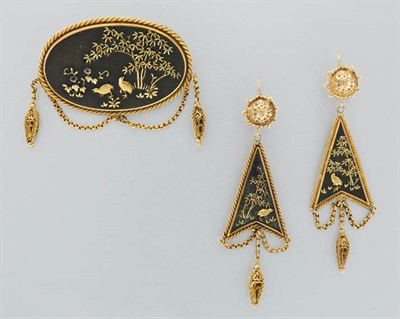 Lot 3003 - Antique Shekudo Gold, Copper and Silver Brooch and Pair of Pendant Earrings