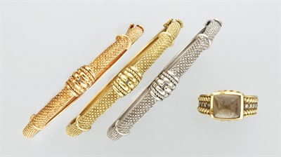 Lot 3006 - Three Tricolor Gold Bangles and Smoky Quartz and Diamond Ring