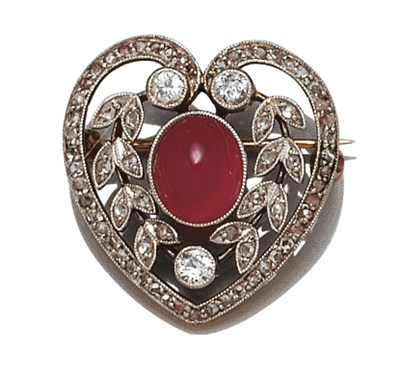 Lot 3568 - Cabochon Ruby and Diamond Heart Brooch