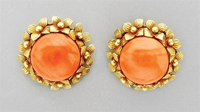 Lot 3018 - Pair of Gold and Coral Earclips