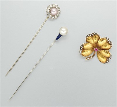 Lot 3022 - Two Pearl Stickpins and Antique Gold Flower Brooch