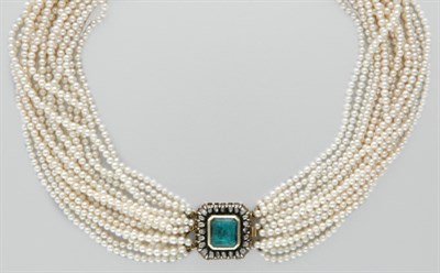 Lot 3301 - Multistrand Cultured Pearl Torsade Necklace with Emerald and Diamond Clasp