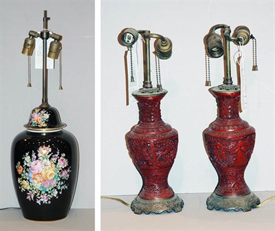 Lot 155 - Pair of Cinnabar Style Two-Light Lamps;...