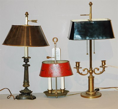 Lot 148 - Three Metal Two-Light Lamps with Tole Shades