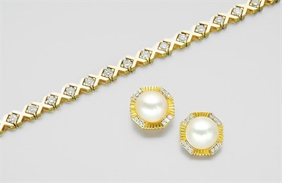 Lot 3027 - Gold and Diamond Bracelet and Pair of Mabe Pearl and Diamond Earclips