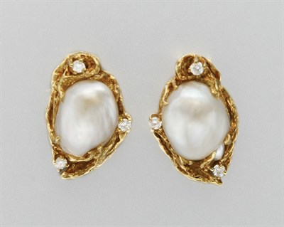 Lot 3012 - Pair of Gold, Baroque Cultured Pearl and Diamond Earclips