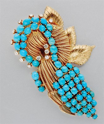 Lot 3192 - Gold, Turquoise and Diamond Clip Brooch