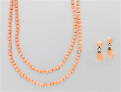 Lot 3056 - Long Coral Bead and Diamond Necklace and Pair of Antique Pendant Earrings