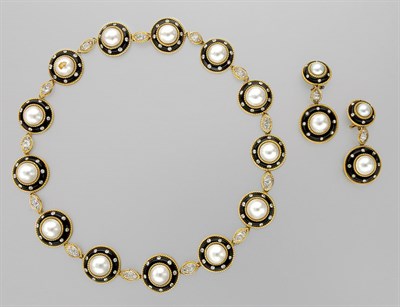Lot 3060 - Gold, Black Onyx, Mabe Pearl and Diamond Necklace and Pair of Pendant Earclips