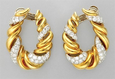 Lot 3063 - Pair of Gold, Platinum and Diamond Hoop Earclips
