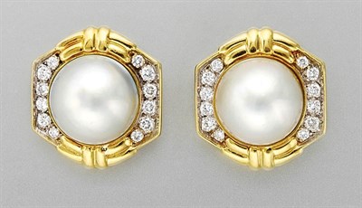 Lot 3065 - Pair of Gold, Mabe Pearl and Diamond Earclips