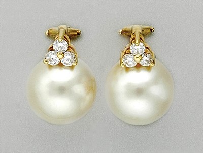 Lot 3066 - Pair of Cultured Pearl and Diamond Earclips