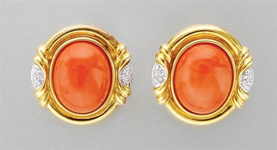 Lot 3072 - Pair of Gold, Coral and Diamond Earclips