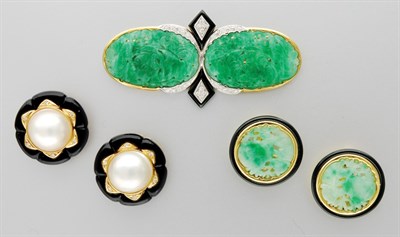 Lot 3094 - Carved Jade Brooch and Two Pairs of Carved Jade and Mabe Pearl Earclips