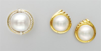 Lot 3096 - Pair of Mabe Pearl Earclips and Mabe Pearl and Diamond Ring