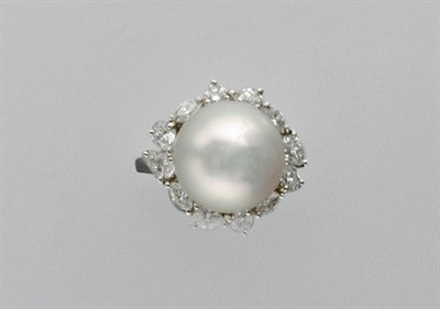 Lot 3055 - Cultured Pearl and Diamond Ring