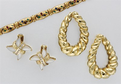 Lot 3191 - Two Pairs of Earclips and Gem-Set and Diamond Bracelet