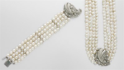 Lot 3051 - Four Strand Cultured Pearl Necklace and Bracelet with White Gold and Diamond Clasps