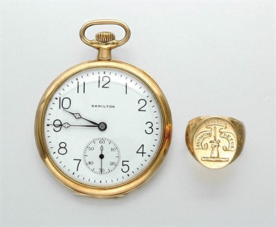 Lot 3379 - Gold Openface Pocket Watch and Insignia Ring
