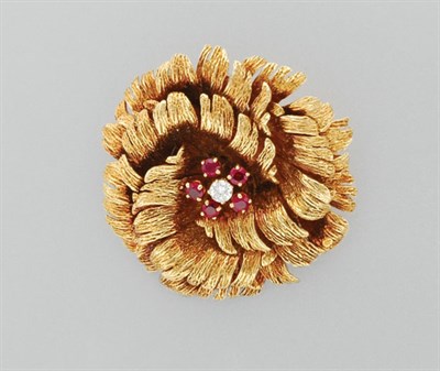 Lot 3050 - Gold, Diamond and Ruby Flower Brooch