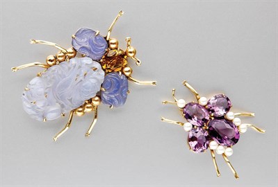 Lot 3225 - Carved Chalcedony and Citrine and Amethyst and Cultured Pearl Bug Brooches
