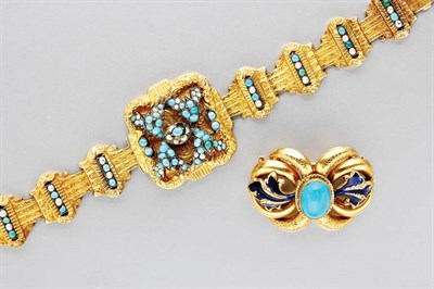 Lot 3227 - Antique Gold, Turquoise and Split Pearl Bracelet and Turquoise and Enamel Brooch