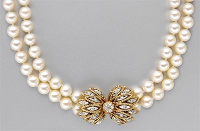 Lot 3230 - Double Strand Cultured Pearl Necklace with Gold and Diamond Clasp