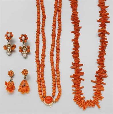 Lot 486 - Group of Coral Jewelry and Pair of Costume Earrings