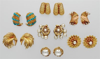 Lot 3232 - Group of Gold, Diamond, Mabe Pearl, Cultured Pearl and Turquoise Earclips