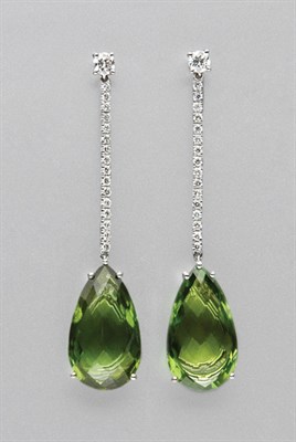 Lot 3131 - Pair of Peridot and Diamond Pendant Earrings