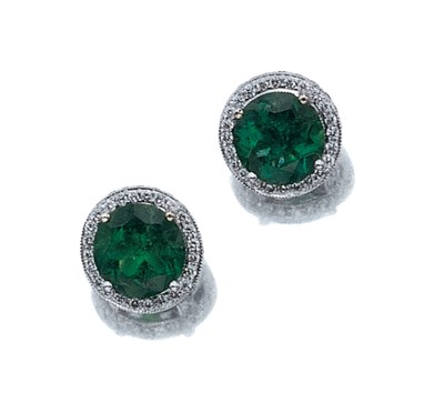 Lot 3642 - Pair of Emerald and Diamond Earrings