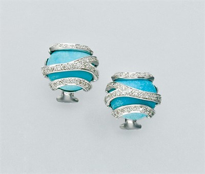 Lot 3057 - Pair of Turquoise and Diamond Earrings
