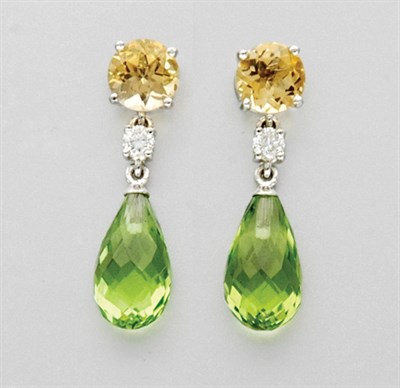 Lot 3079 - Pair of Citrine, Peridot and Diamond Pendant Earrings