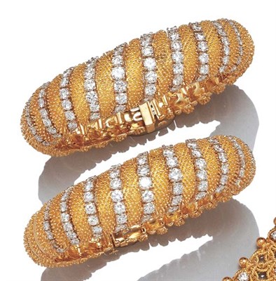 Lot 3588 - Pair of Gold and Diamond Bracelets