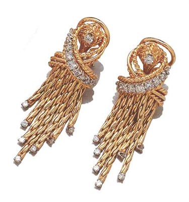 Lot 3586 - Pair of Gold and Diamond Fringe Earclips