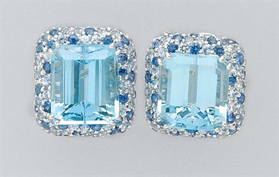 Lot 3142 - Pair of Aquamarine and Sapphire Earrings