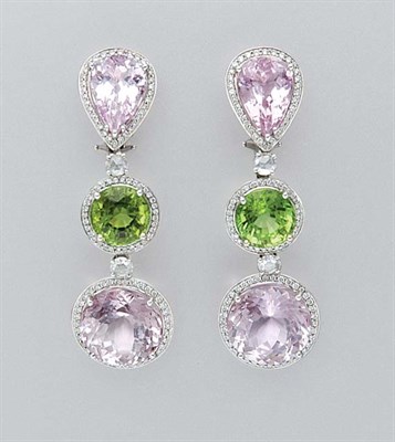Lot 3206 - Pair of Kunzite, Peridot and Diamond Pendant Earrings