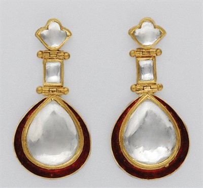 Lot 3208 - Pair of Jaipur Enamel and White Sapphire Pendant Earrings