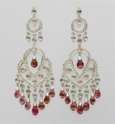 Lot 3089 - Pair of Pink Tourmaline and Diamond Pendant Earrings