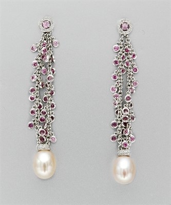 Lot 3336 - Pair of Freshwater Pearl, Pink Sapphire and Diamond Pendant Earrings